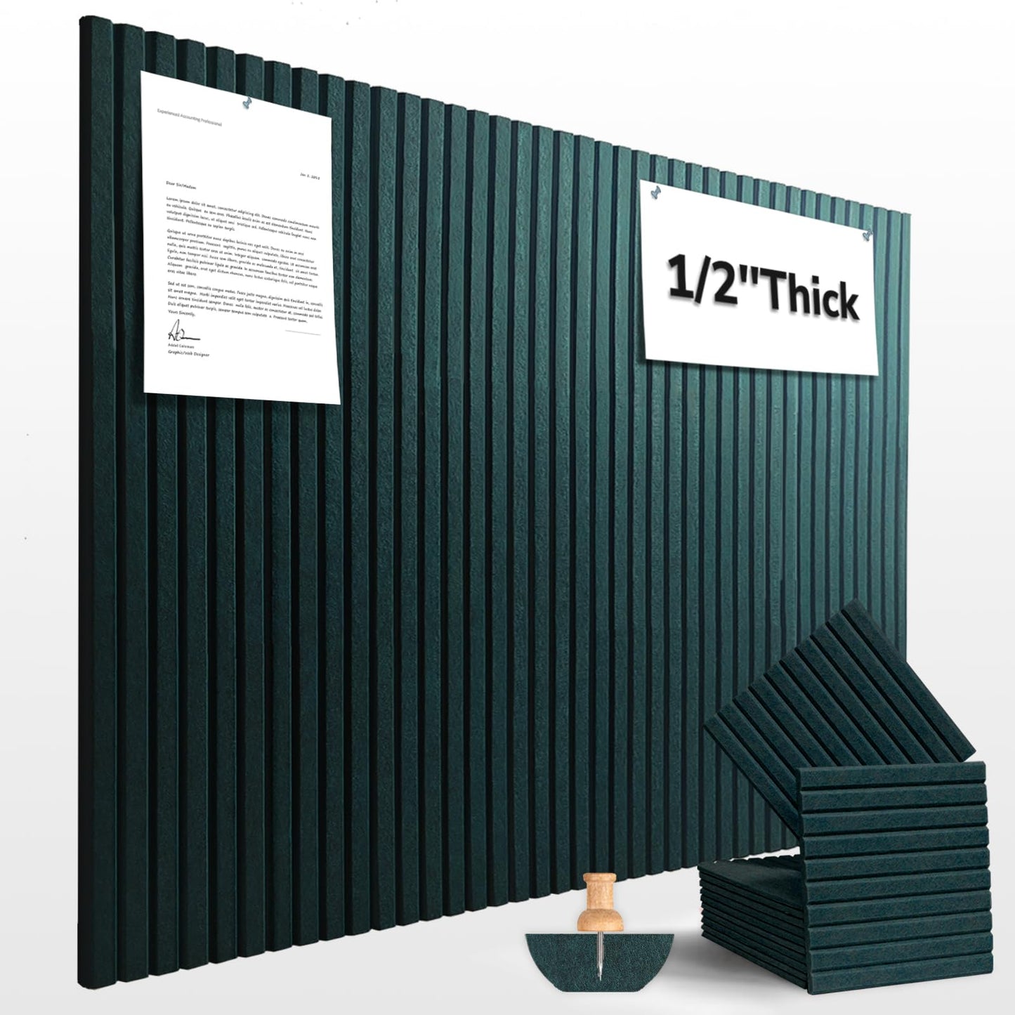 Large Cork Board for Office Decor, 48"x 36" - 1/2” Thick Felt Bulletin Board, 12 Pack Felt Board with Safe Removable Adhesive Tabs, Pin Board Cork Boards for Walls - Forest Green