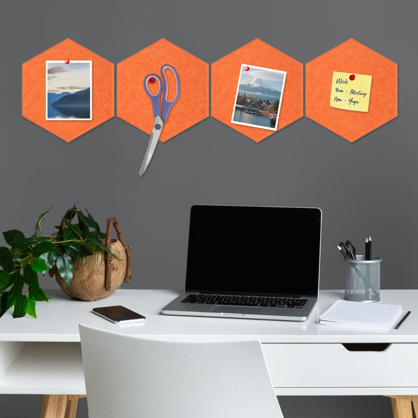 8 Packs Orange Hexagon Felt Pin Board, 12" Bulletin Board with 30 Push Pins, Felt Board for Home Kitchen Office Decor, Self-Adhesive Corkboard Tiles for Walls Classroom Message Photos Memos Display