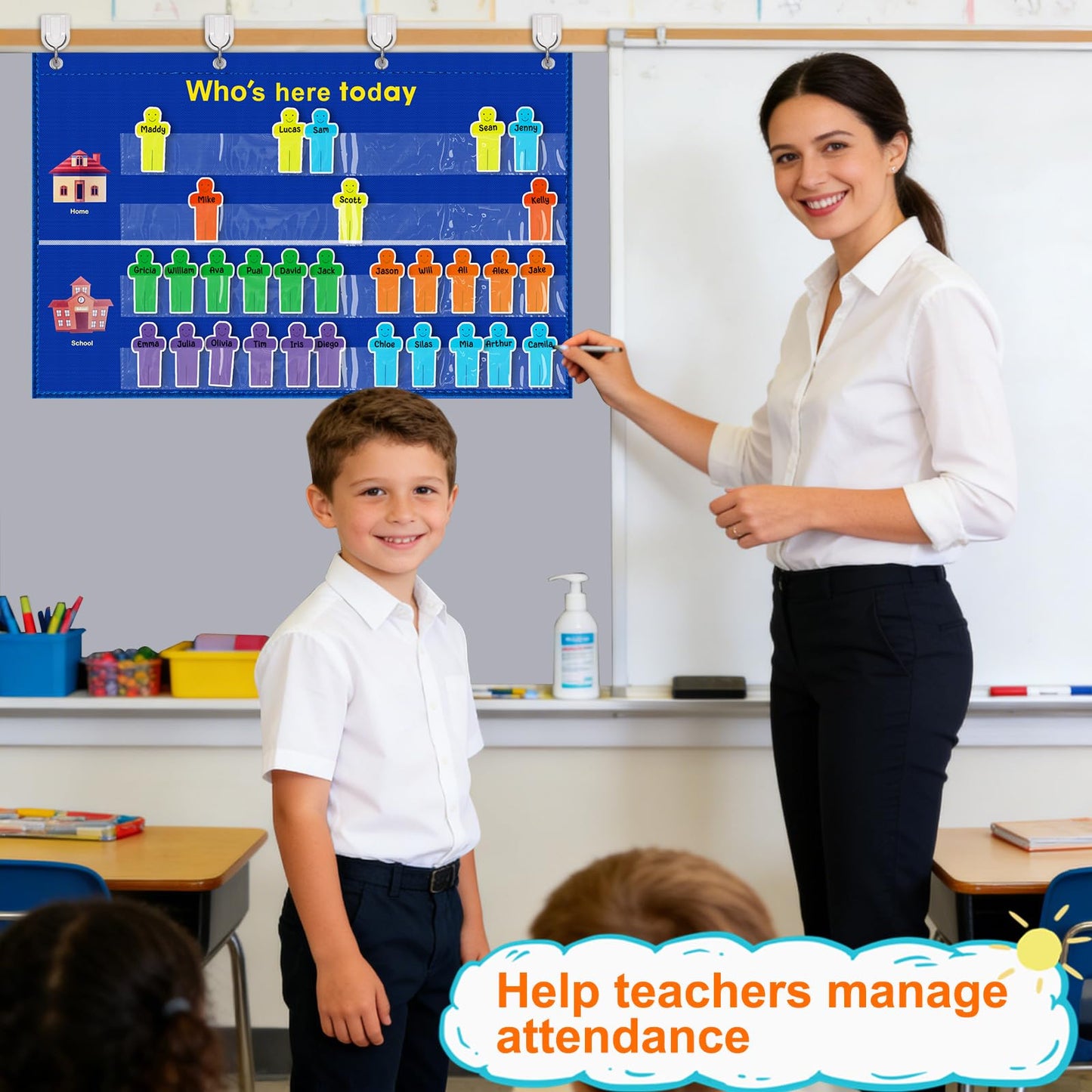 AUVCAS Classroom Attendance Pocket Chart with Helping Hands & 36 Reusable Dry-Erase Student Cards for Visual Tracking, Preschool Kindergarten Daycare, 32.2" x 19"