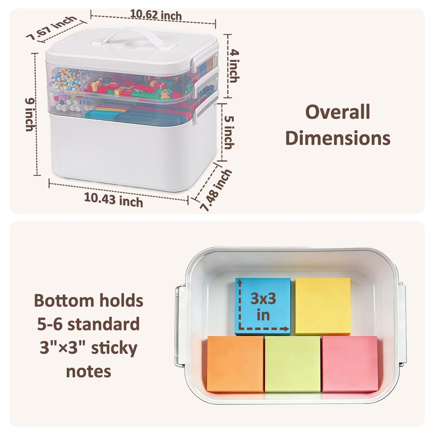 3-Layer Plastic Craft Organizers and Storage Box with Removable Trays, Storage Containers with lids and Handle, Art Supply Storage Organizer for Bead, Ornament, Nail Polish, Tape（10.62"x9"x7.67"）