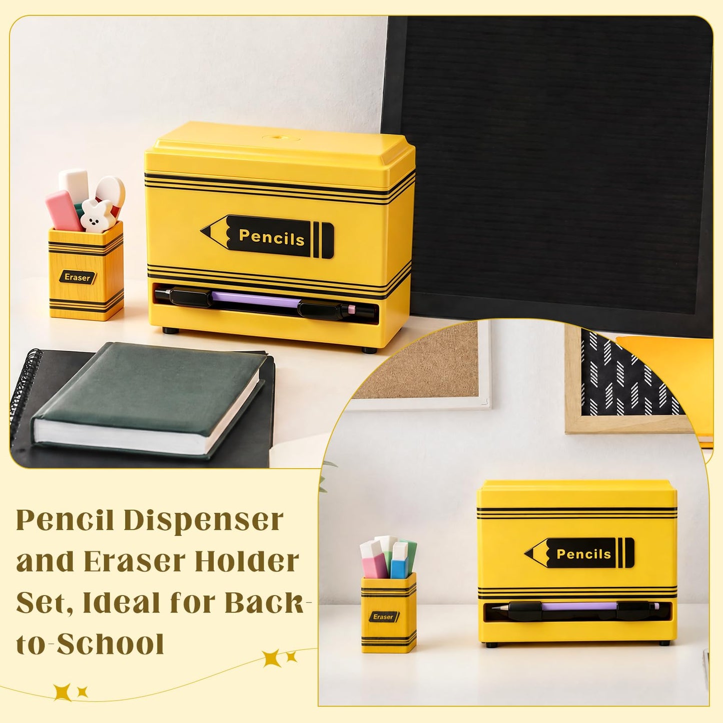 Gueevin 2pcs Pencil Dispenser for Classroom, Fun Desk Organizer with Eraser Holder, Interactive Pencil Storage for Teachers, Students & Homeschool Desk Organizer, Back to School Supplies(Yellow)
