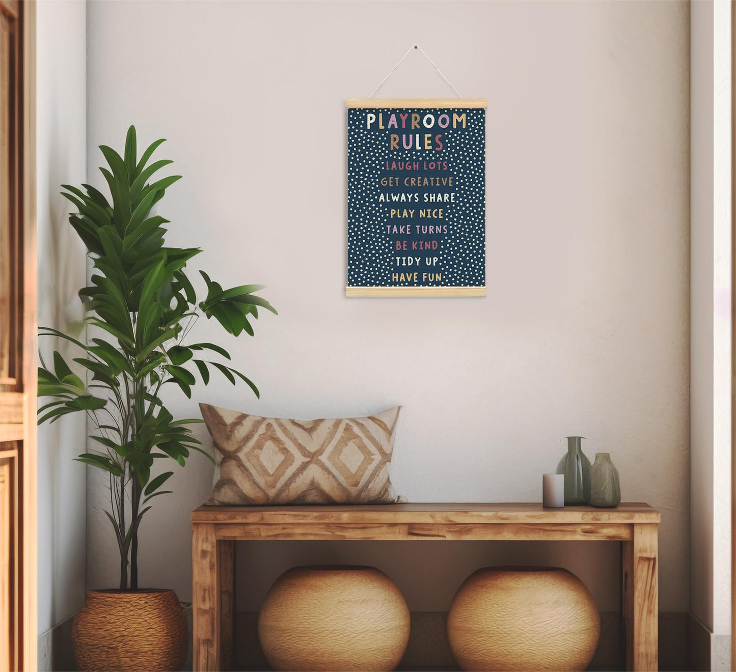 Playroom Kids Tollder Room Wall Decor, Play Room Rules Wall Decor for Kids Play Game Room Bedroom Nursery Home School Playroom Essentials, Canvas Hanging Banner Wood Poster Frameds(navy)