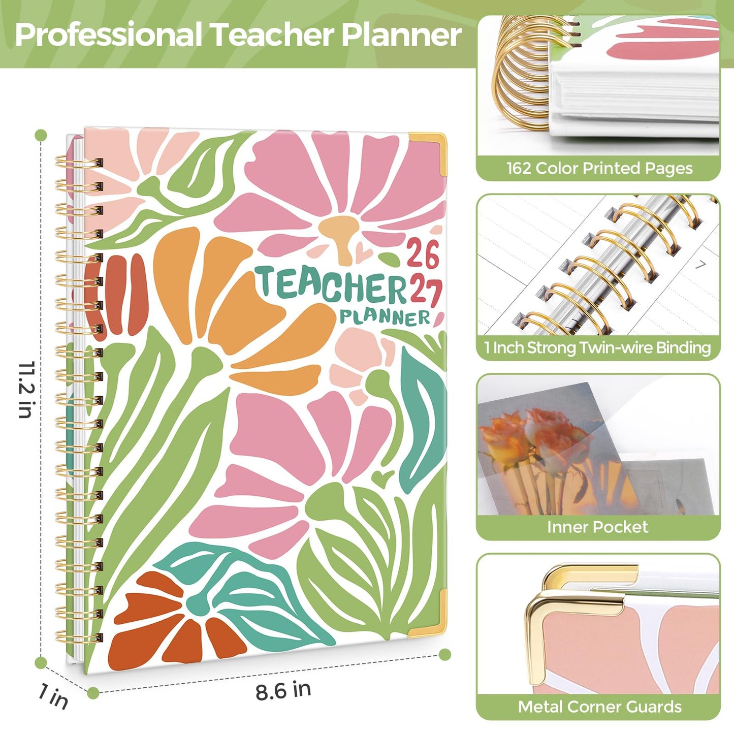 SKYDUE Teacher Planner 2026-2027 Academic Year, 8.5" x 11" Deluxe Teacher Lesson Planner with Monthly Tabs & Stickers, Lesson Plan Book 26-27, AbstractFloral