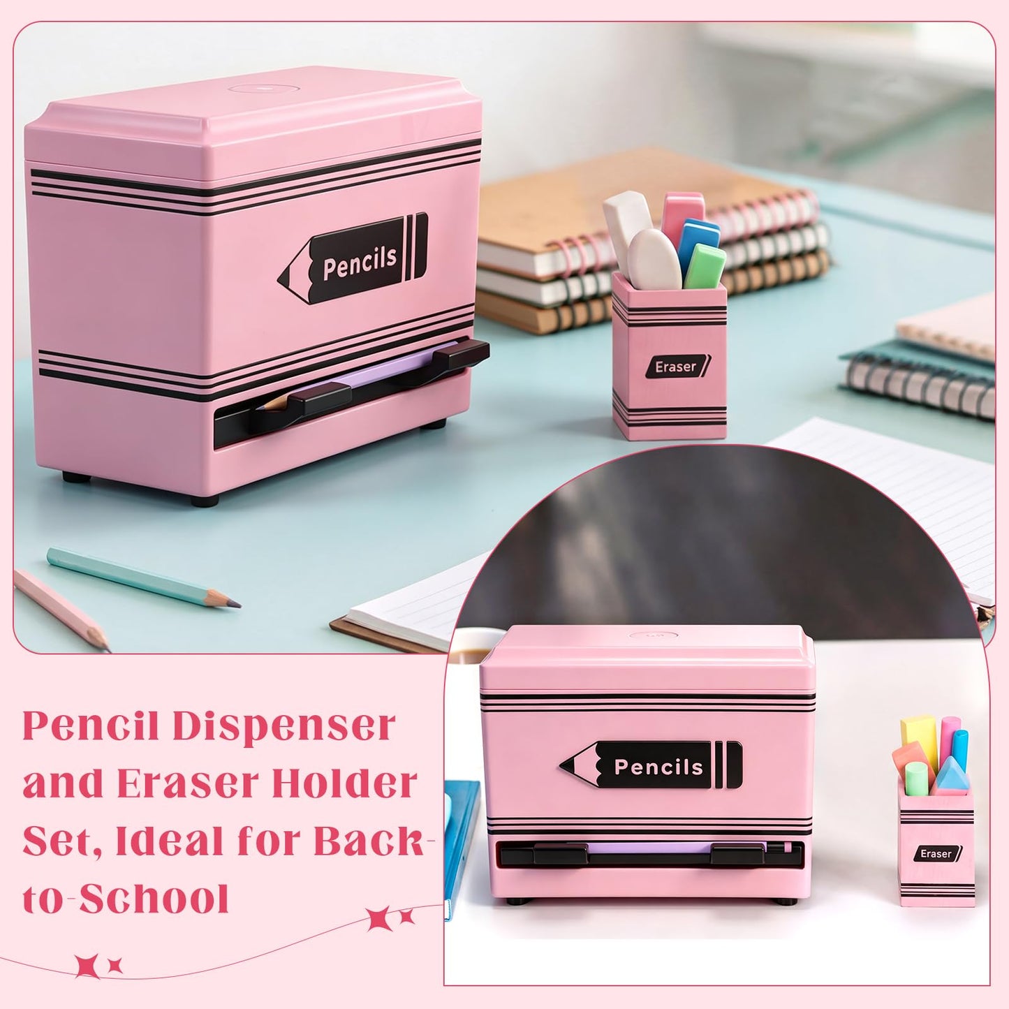 Gueevin 2pcs Pencil Dispenser for Classroom, Fun Desk Organizer with Eraser Holder, Interactive Pencil Storage for Teachers, Students & Homeschool Desk Organizer, Back to School Supplies(Pink)