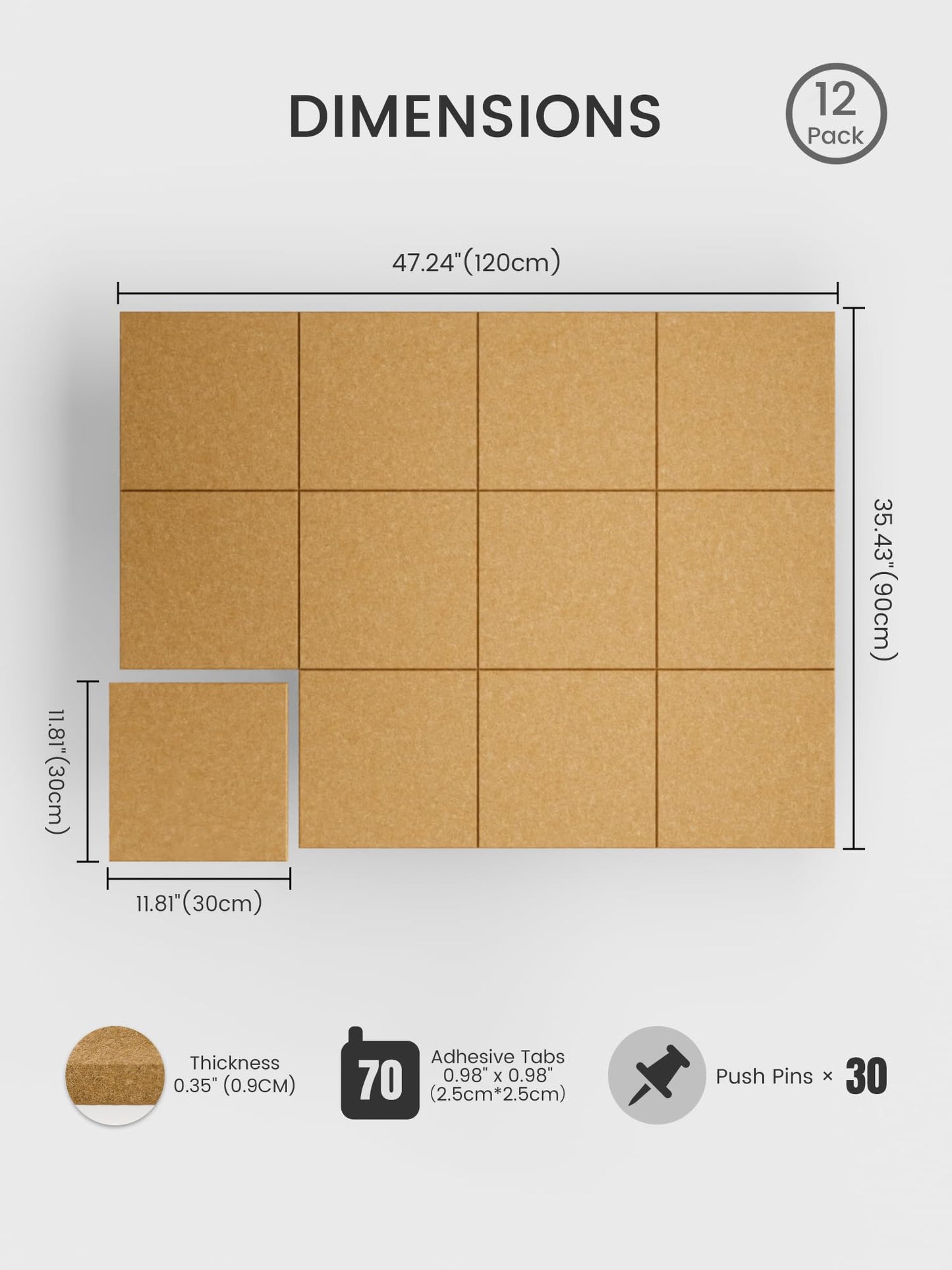 Bumusty Large Cork Board 48" x 36" Alternative - 12 Pack Felt Wall Tiles with 70 Safe Removable Adhesive Tabs, 30 Pushpins, Cork Boards for Walls Pin Board Bulletin Board Office Decor (Mustard Yellow)