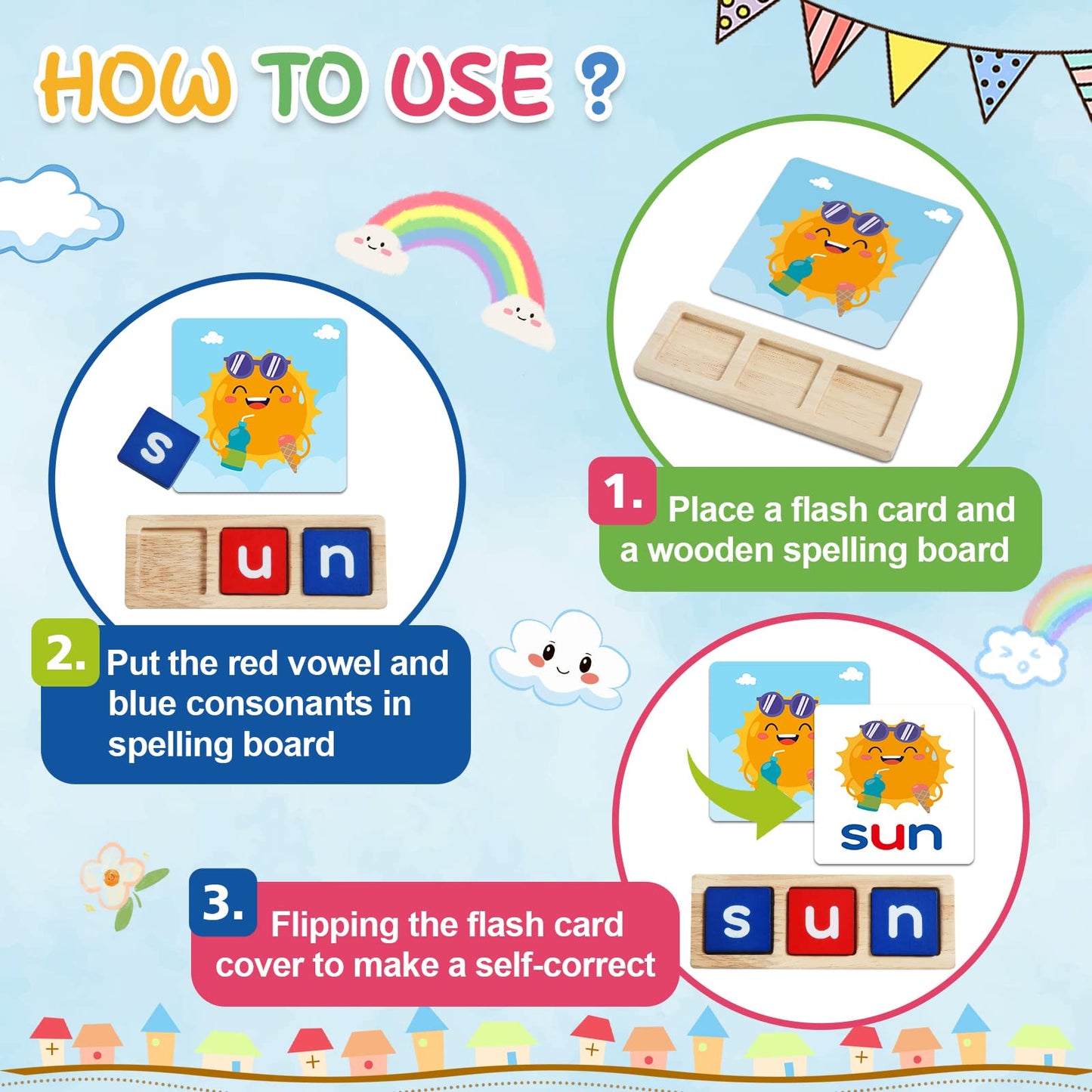 CVC Word Educational Toy Spelling Games, Preschool Toddler Learning Activities, Montessori Learning Toys Gifts for 3 4 5 6 Years Old Kids, 60 Sight Words Flash Cards Alphabet Puzzle for Toddlers