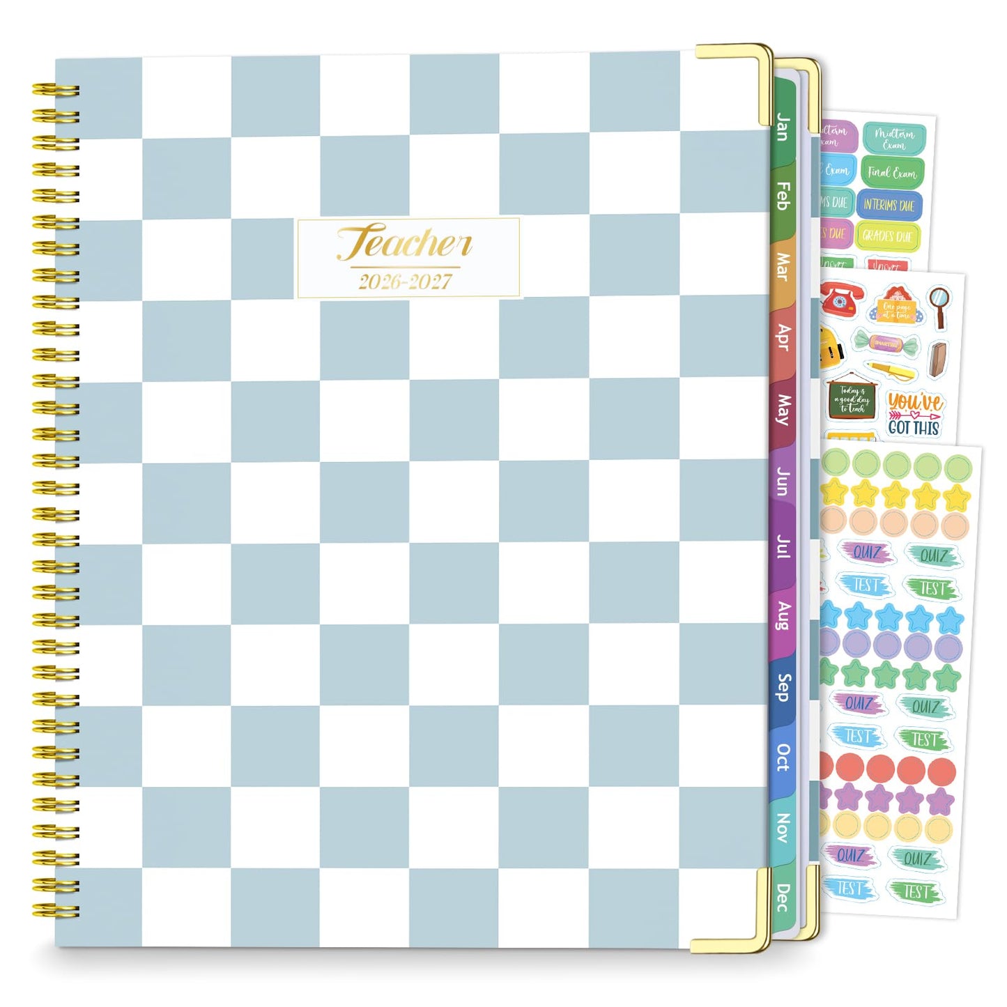 Teacher Planner 2026-2027, Jul 2026-Jun 2027 Academic Year, 8.5" x 11" Lesson Planner Book for Teacher Calendar, Spiral Bound Planners, Colorful Monthly Tabs, Planning Stickers, BlueCheckered