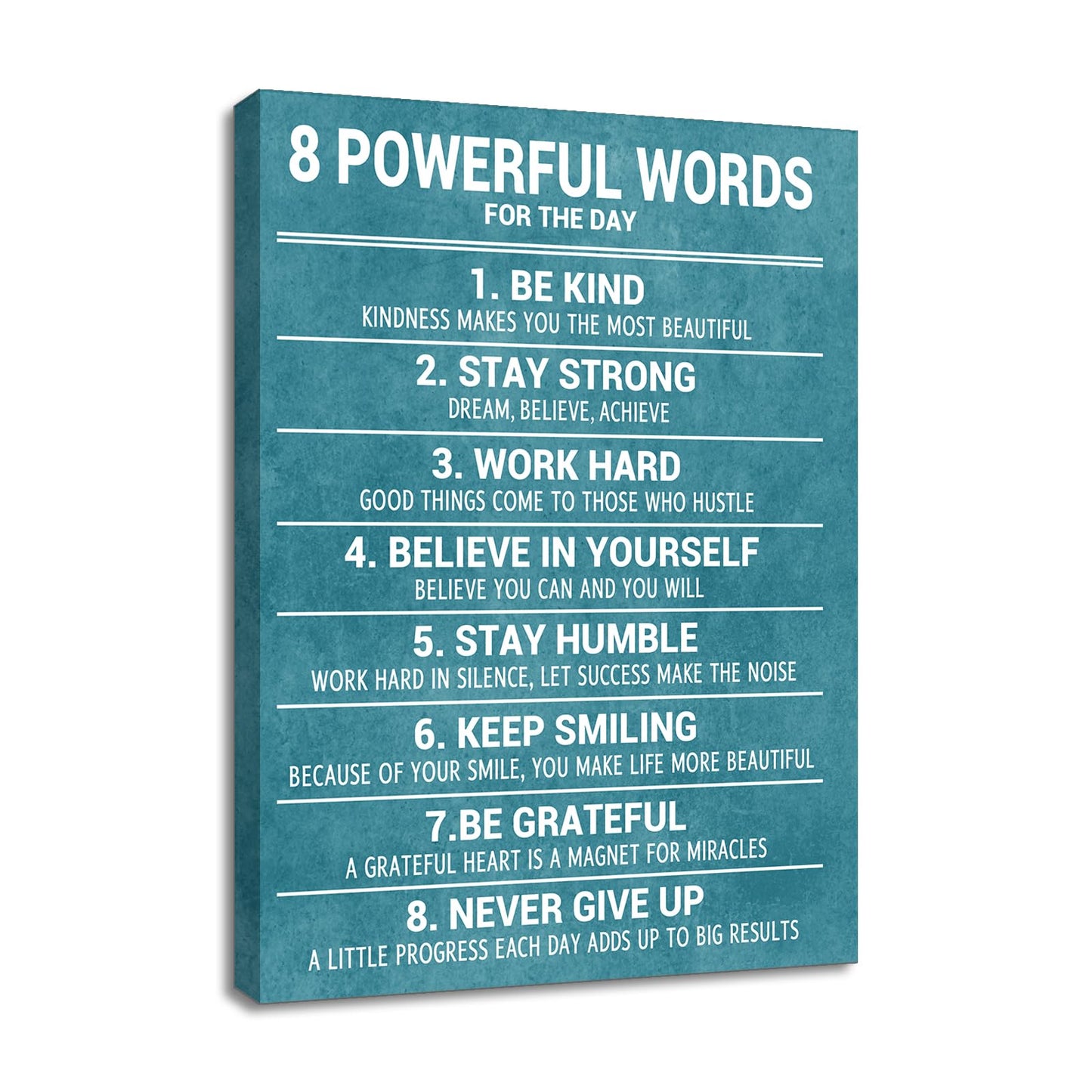 YSPCSUN Inspirational Posters for Office 8 Powerful Words for the Day Quote, Teal White Canvas Wall Decor for Home Office Dorm Classroom, Single Panel Framed Canvas, 24x18 Inch