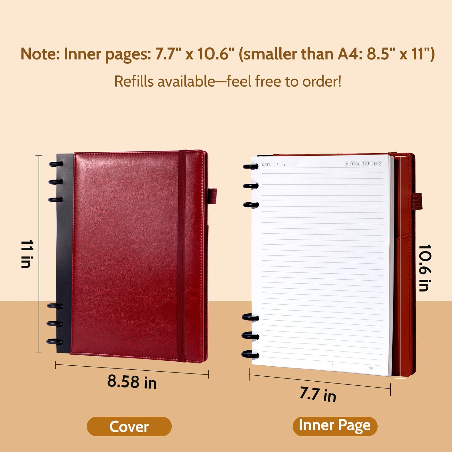 Yoment Refillable Notebooks for Work Discbound: Hardcover Notebook with 5 Subject Removable Dividers Tabs Colleged Ruled Large Journal for Writing Women Men 240 Pages,Dark Red