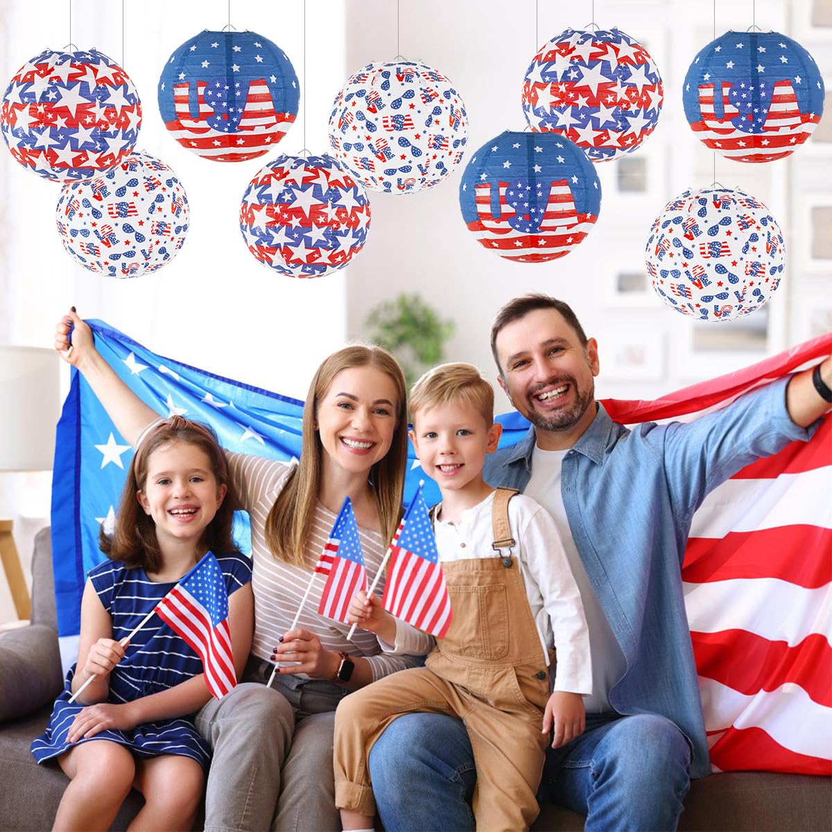 zilue Hanging Paper Lanterns for 4th of July Decorations, Pack of 12, Red/White/Blue, Model 1025