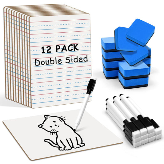 12-Piece Dry Erase Board Set, Double-Sided Small Whiteboards with Lines for Writing, Students and Teachers in Classroom, 6"x9" Mini Whiteboards, Includes 12 Markers and 12 Erasers