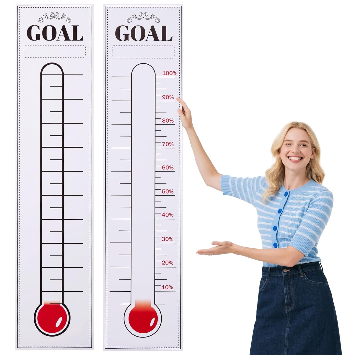 Goal Setting Fundraising Thermometer - 2 Pcs 48" x 11" Dry Erase Self-Adhesive Goal Tracker: Ideal for Charities, Non-Profit, Community & Office Fundraisers, Events & Projects