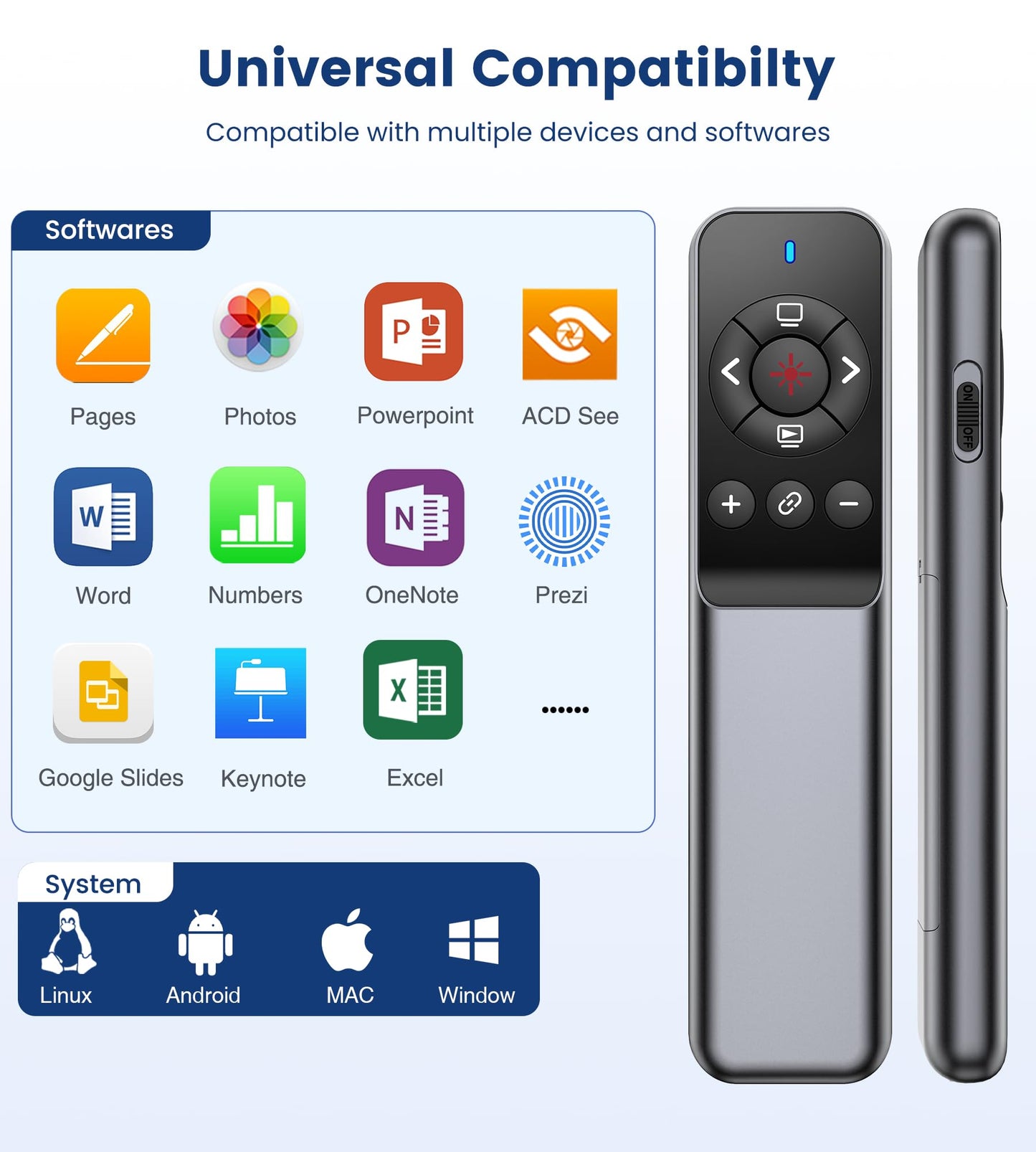 TITIANCOOL Wireless Presentation Clicker with Laser Pointer, USB-C & USB-A Dual Receiver, Hyperlink & Window Switch Support, 100M Red Light, Compatible with PowerPoint/Keynote/Google Slides