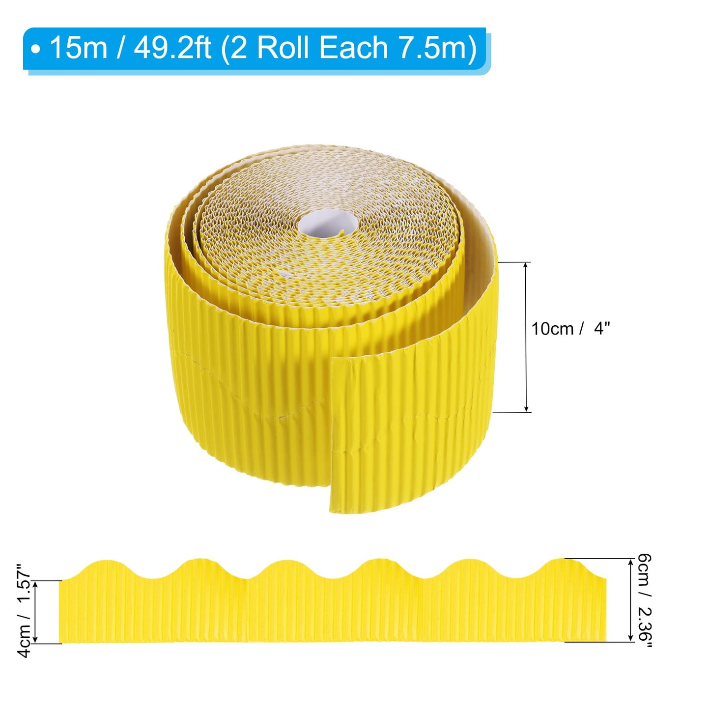 PATIKIL 3.9inch x 49.2ft Bulletin Board Border, Scalloped Trim Paper Corrugated Paper for Locker Classroom Decor Black White Cork Poster Boards, Yellow