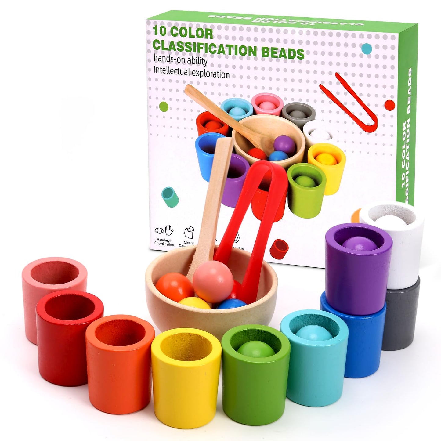 ASFHJP 10 PCS Rainbow Balls in Cups, Mini Wood Classification Cup Game, Rainbow Sorting Balls with Spoon and Tongs, Preschool Learning Educational Montessori Matching Games for 3+ Year Old