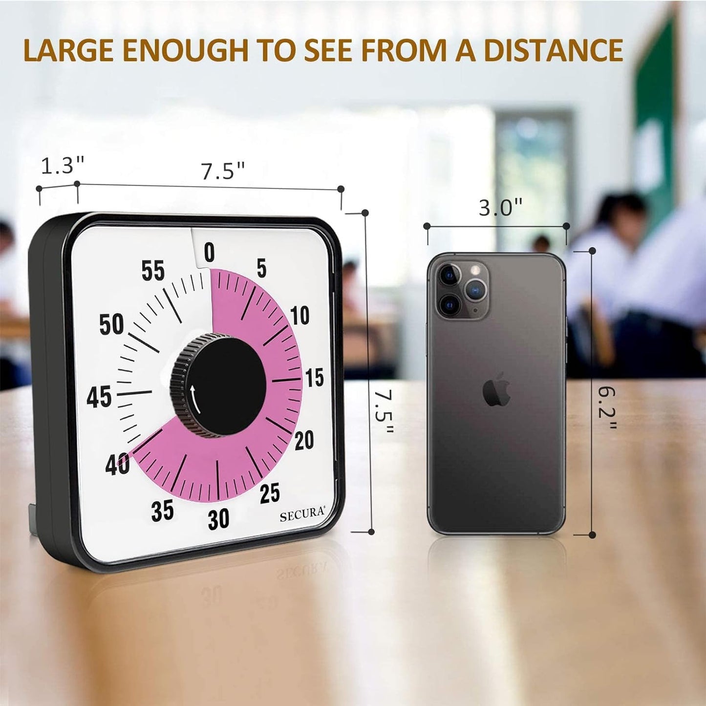 Secura 60-Minute Visual Countdown Timer, 7.5-Inch Oversize Classroom Visual Timer for Kids and Adults, Durable Mechanical Kitchen Timer Clock with Magnetic Backing (Peony Color)