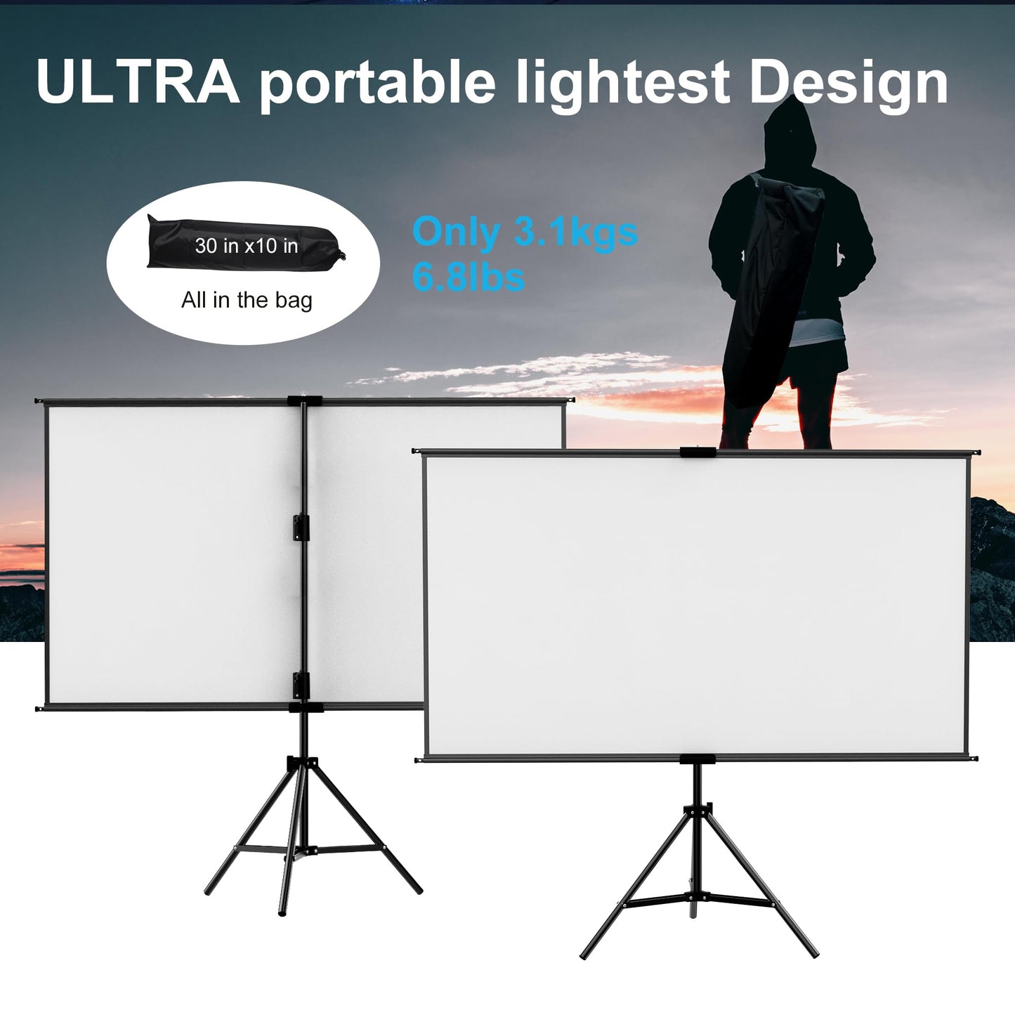 lejiada 60 Inch Portable Projector Screen with Tripod Stand, Compact Mobile Projection Screen for Small Spaces, Height Adjustable and Wrinkle-Free for Indoor Outdoor Camping and Office Use