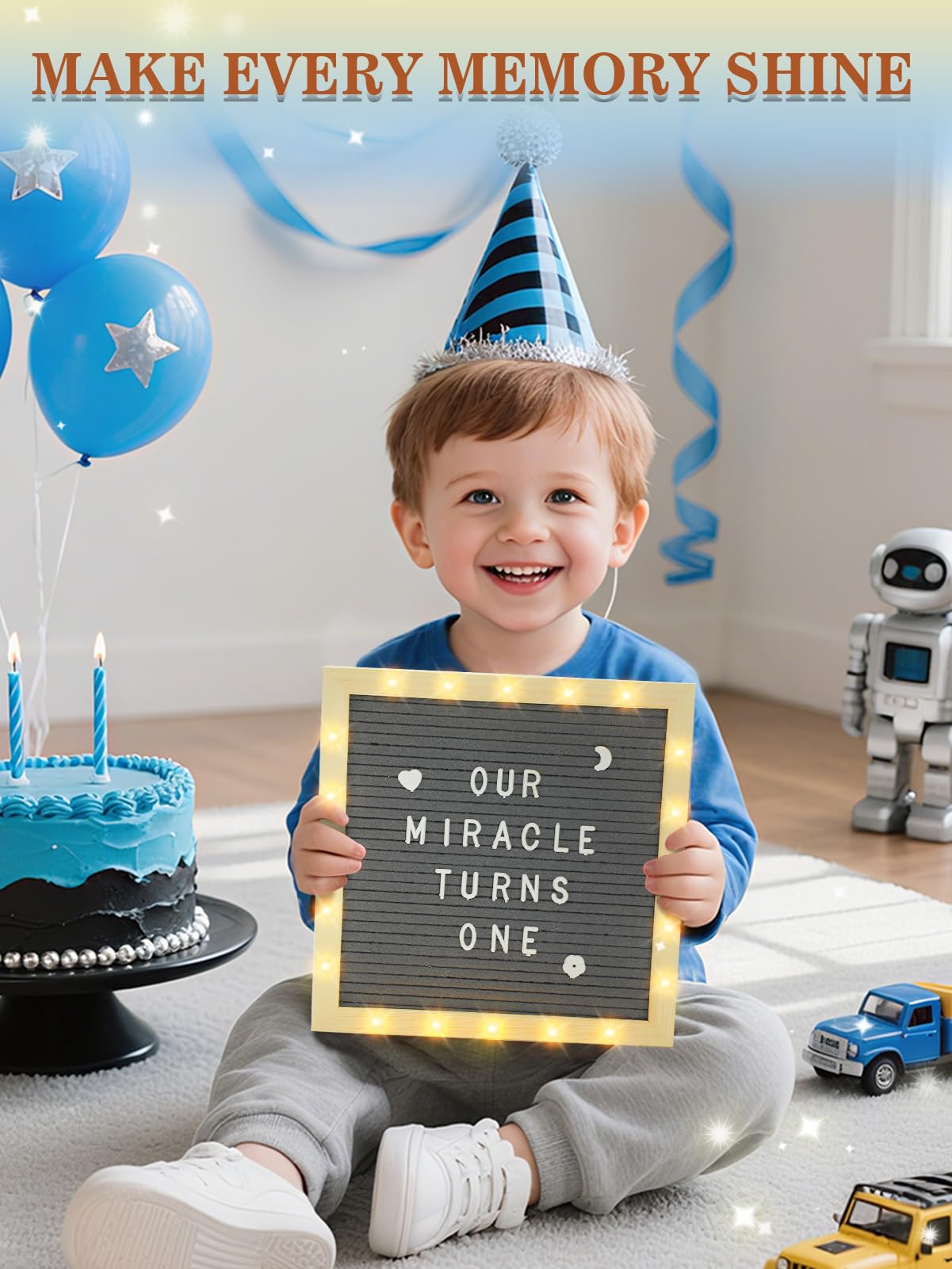 Changeable Felt Letter Board with LED Lights - 10×10" Message Custom Signs & Wood Stand & 450 Letters, Poster Board for Baby/Pregnancy Announcement/Classroom Wall Decor Gifts First Day of School, Grey