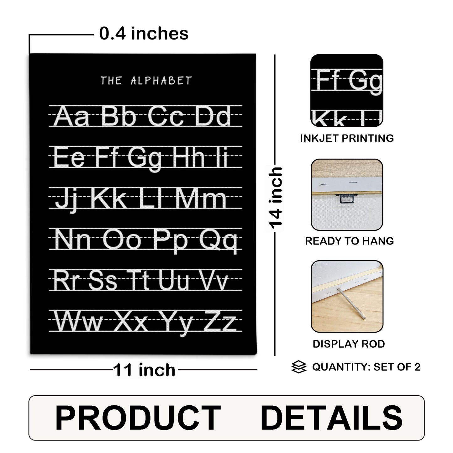 HRQKO Black Alphabet Numbers Nursery Canvas Wall Art Set of 2, Kids Room Decor Framed Art, Black ABC Numbers Educational Posters Wall Decor for Classroom Toddler Nursery Bedroom Playroom, 11x14 inch