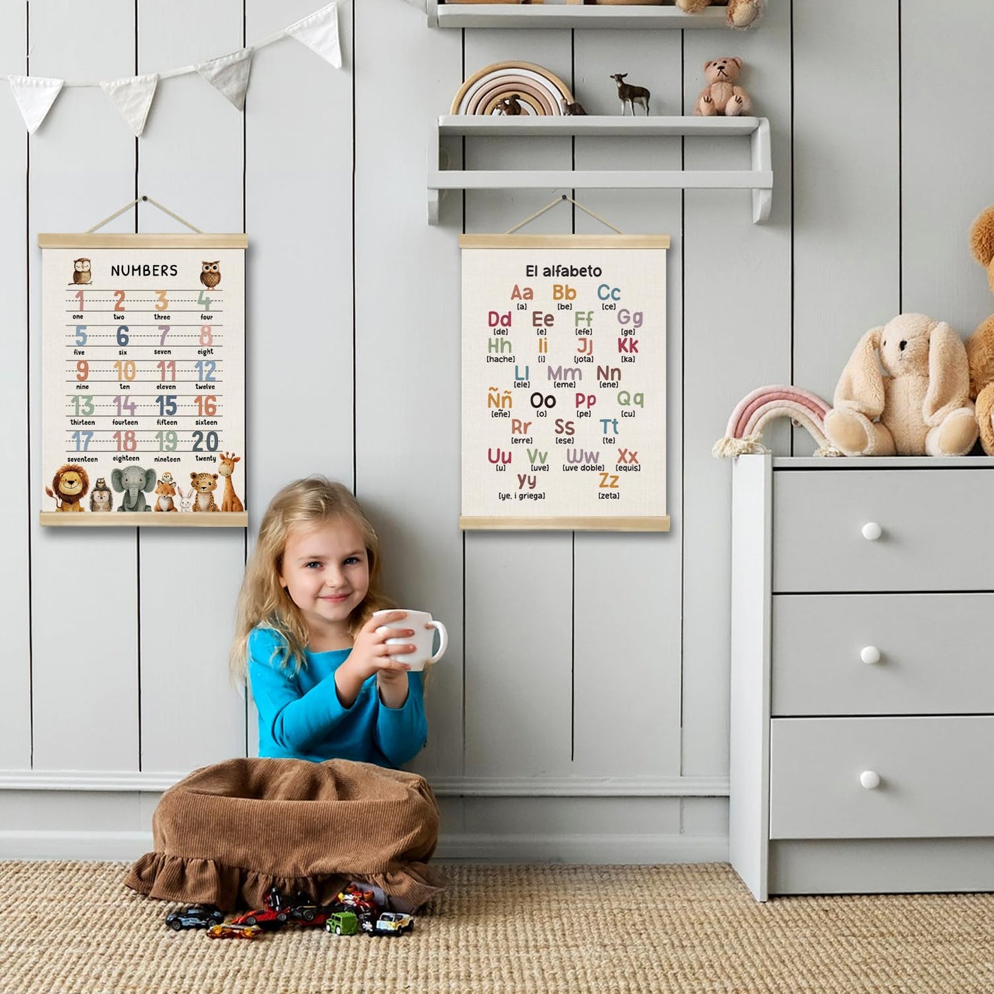 Number and Alphabet Poster Set of 2,Classroom Education Canvas Print Wall Art ,1-20 Nmuber and 26 Letters Wall Hanging Posters for Homeschool Nursery Playroom,Kids Room Decor,14x18.5 Inch(ABC&123)