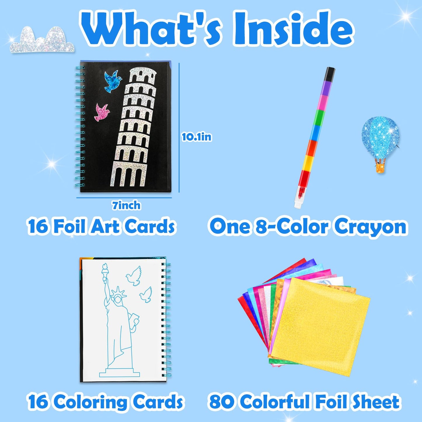 FUNNYB&G Foil Art Craft Kit for Kids 4-10 Years Old: Mess-Free & No-Glue, Create 16 Sparkly Famous Building Pictures – Perfect Travel Toy & Birthday Gift for Kids (Buildings)