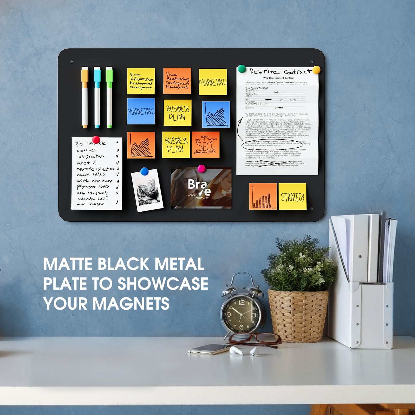 MaxGear Magnetic Board 17.5" x 11.4" Black Metal Magnet Bulletin Board for Wall, Refrigerator, Magnetic Board Display Notes, Photos, and More - Includes Dual Lock Tape and Screws