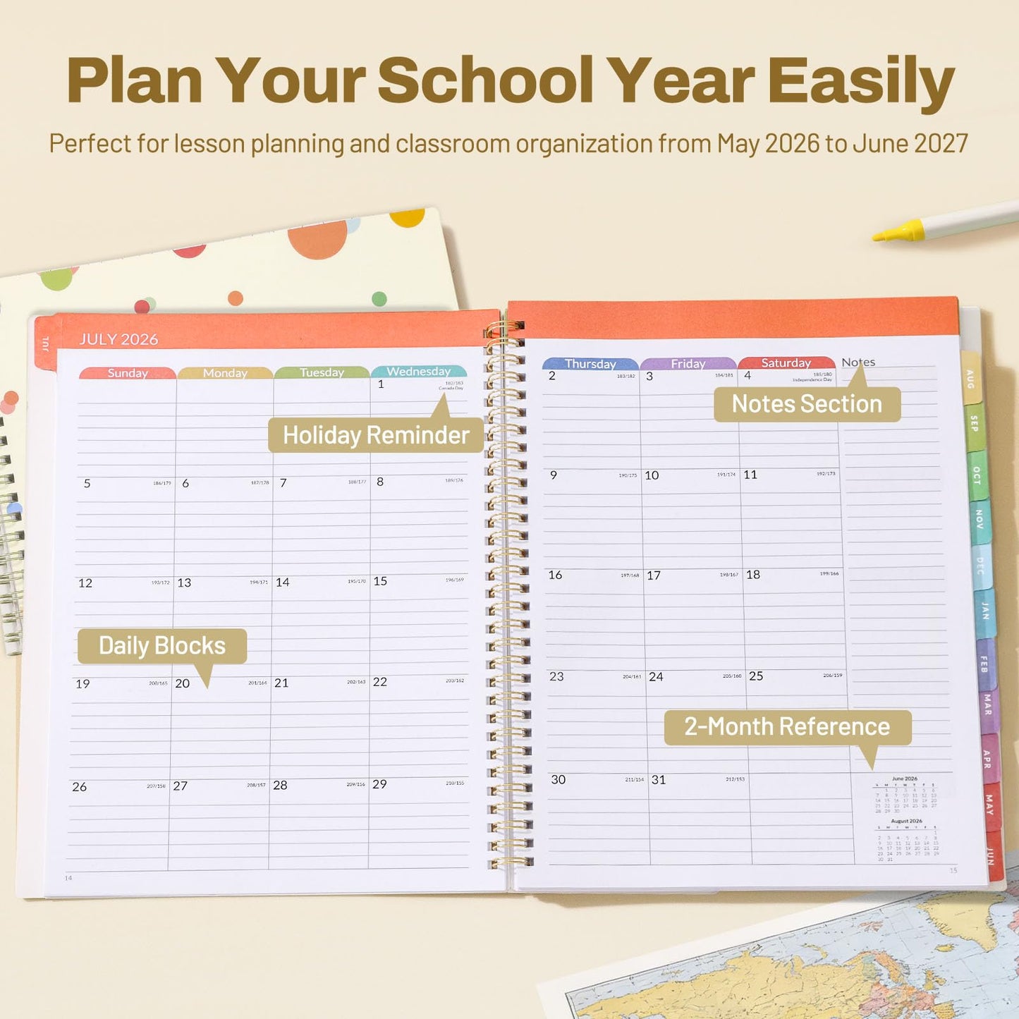 SUNEE Teacher Planner 2026-2027 Academic Year, 7 Periods Lesson Plan Book Jul 2026 - Jun 2027, 8.5"x11"Daily Weekly Monthly Organizers Horizontal Layout with Calendars, Bookmark, Tabs, Pastel Bubbles