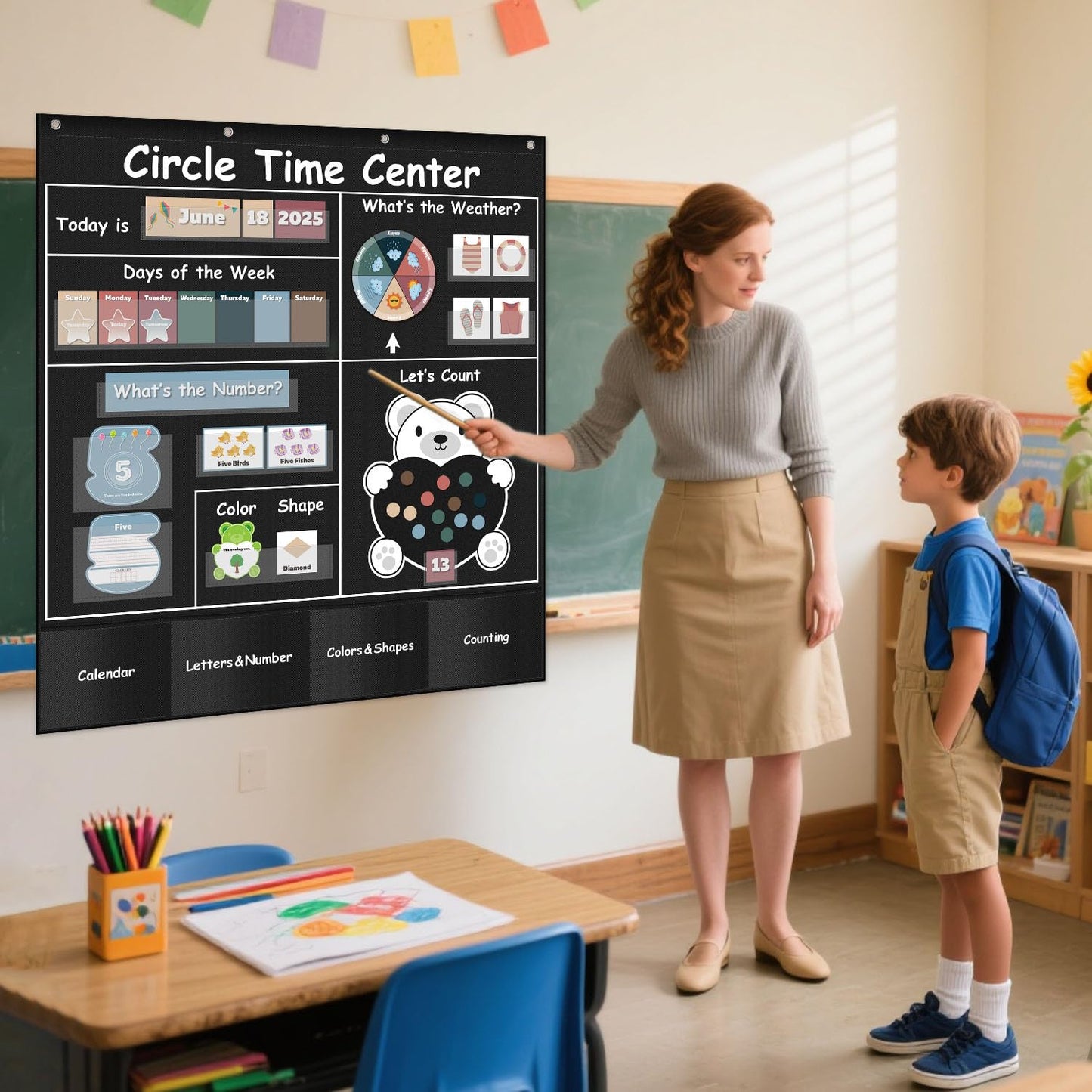 Circle Time Learning Center Pocket Chart for Classroom, Dry Erase Alphabet & Number Flash Cards, Write ABC Letter Tracing Writing Practice Games for Kids, Learning Weather Counting Color Shape