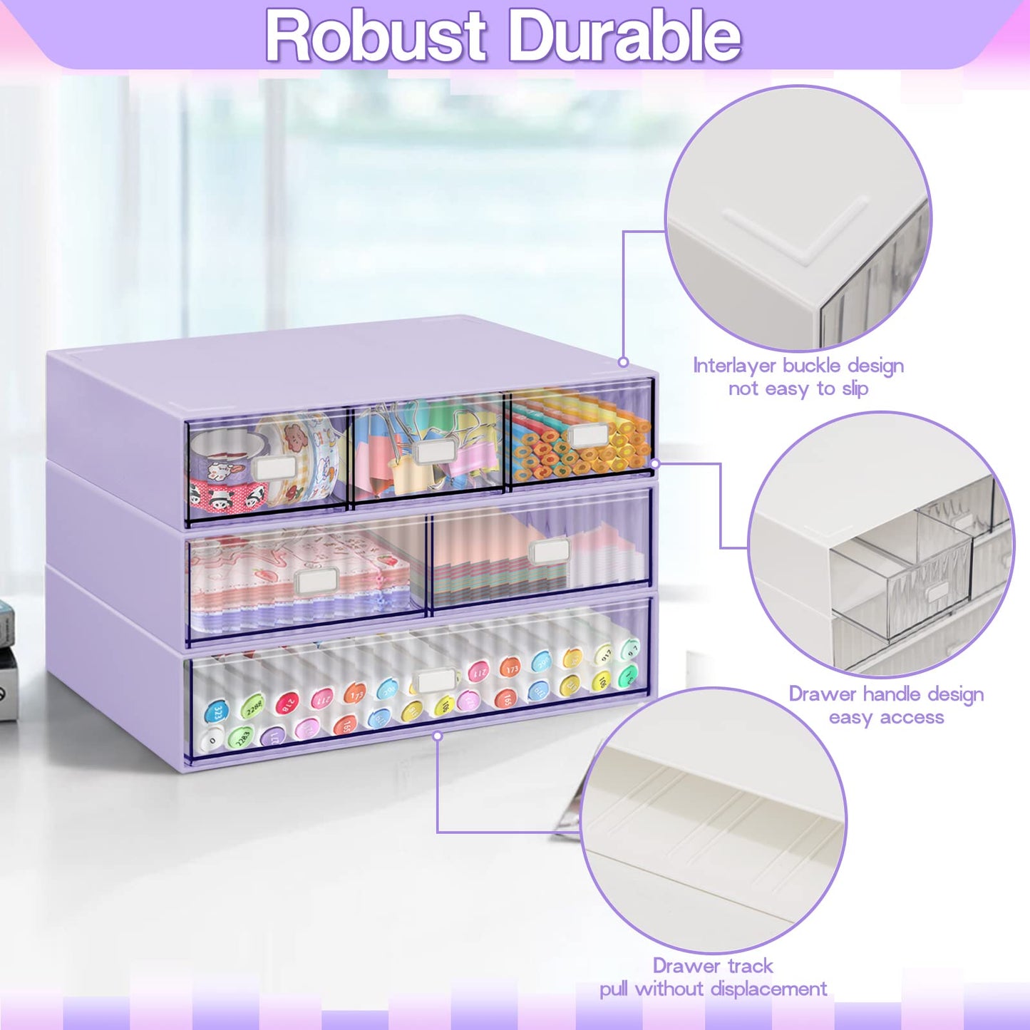 3 Tier Stackable Desk Organizer with 6 Drawers, Plastic Desktop Storage Box Drawers, Detachable Makeup Storage Office Stationery Supplies Organizer for Office School(Purple)