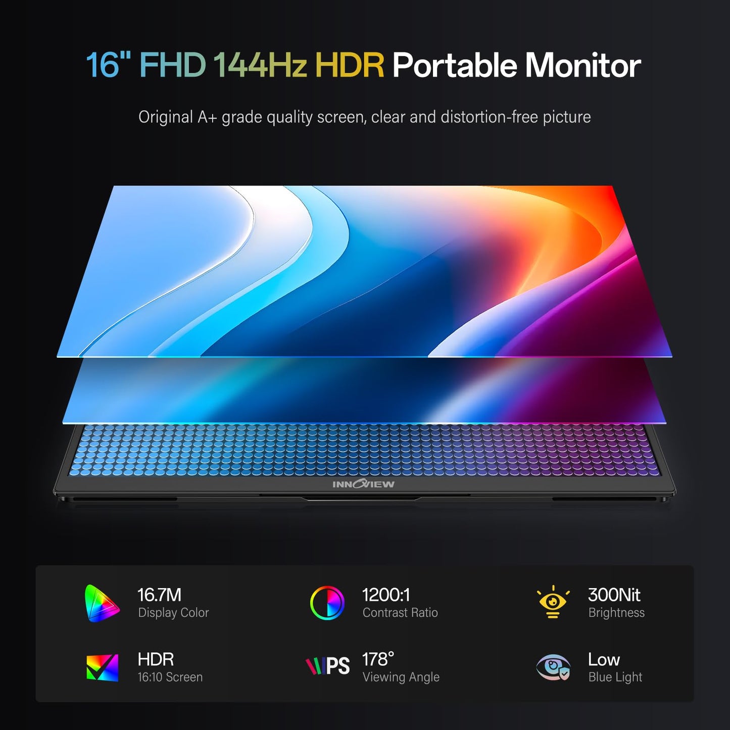 InnoView 16" Portable Monitor 144Hz Portable Gaming Monitor with Protective Sleeve, 1200P FHD External Monitor, Lightweight, Extra Second Screen for Laptop, PS5, Mac, Xbox (Not Includes Adapter)