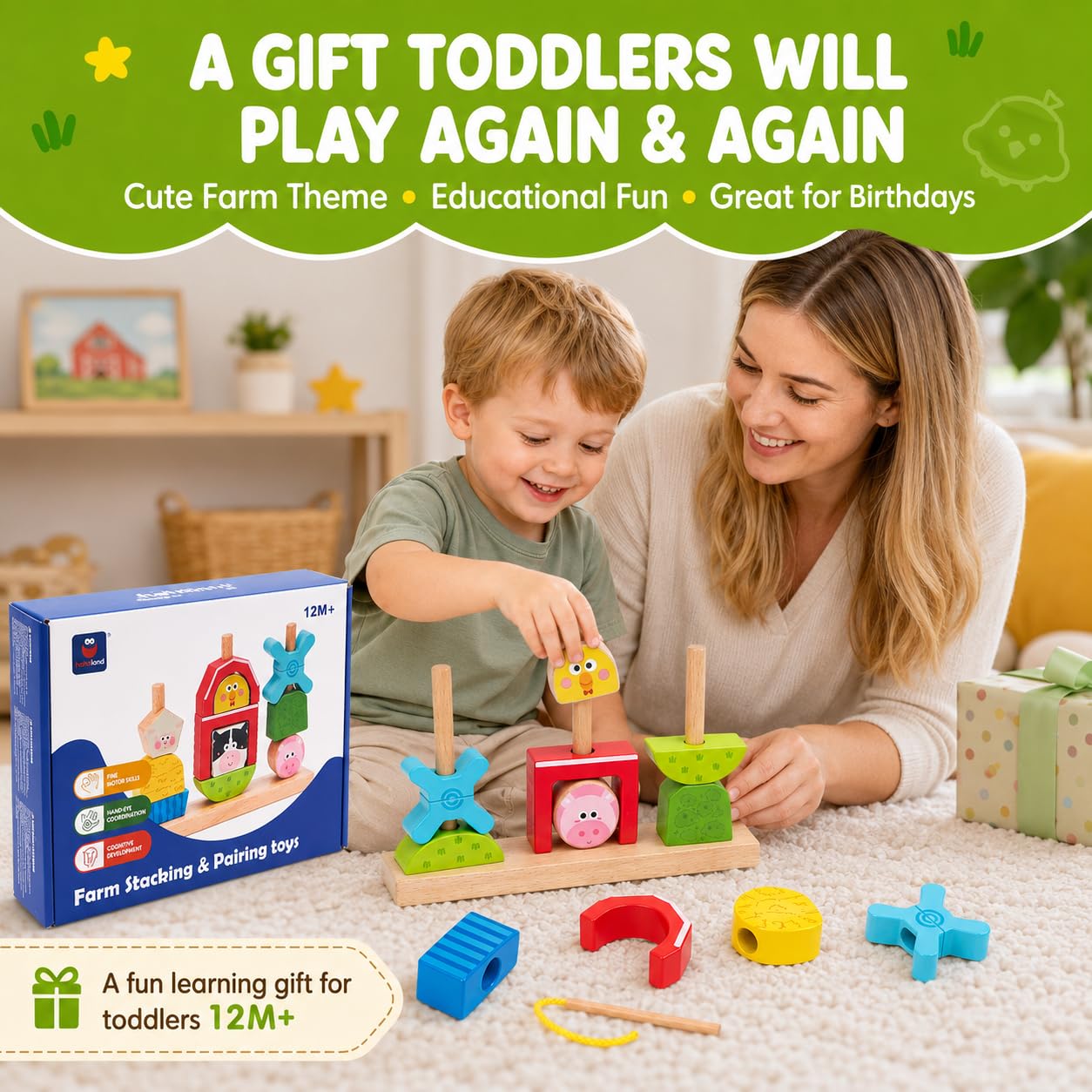 hahaland Montessori Toys for 1 2 3 Year Old, Wooden Farm Stacking & Sorting Toy with Lacing Beads, Shape Cards & Brain Blocks, Toddler Puzzle Activity, Learning Gift for Boys Girls 12 Month+