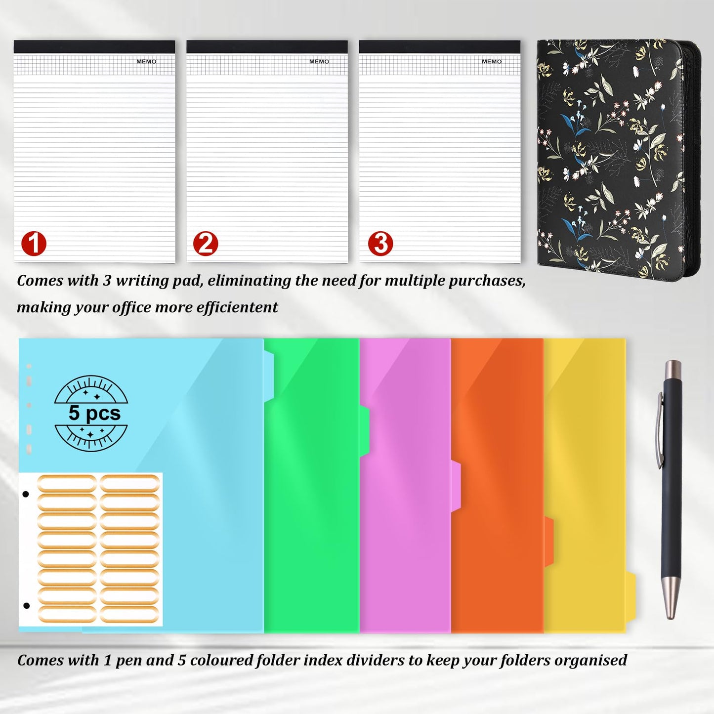 Leathario Portfolio Binder, Includes 5 Folder Index Dividers and 3 Notepads, 3-Ring Folder Organizer, Padfolio with Zipper, Vegan Leather Tablet Sleeve, Business Office Conference Clipboards