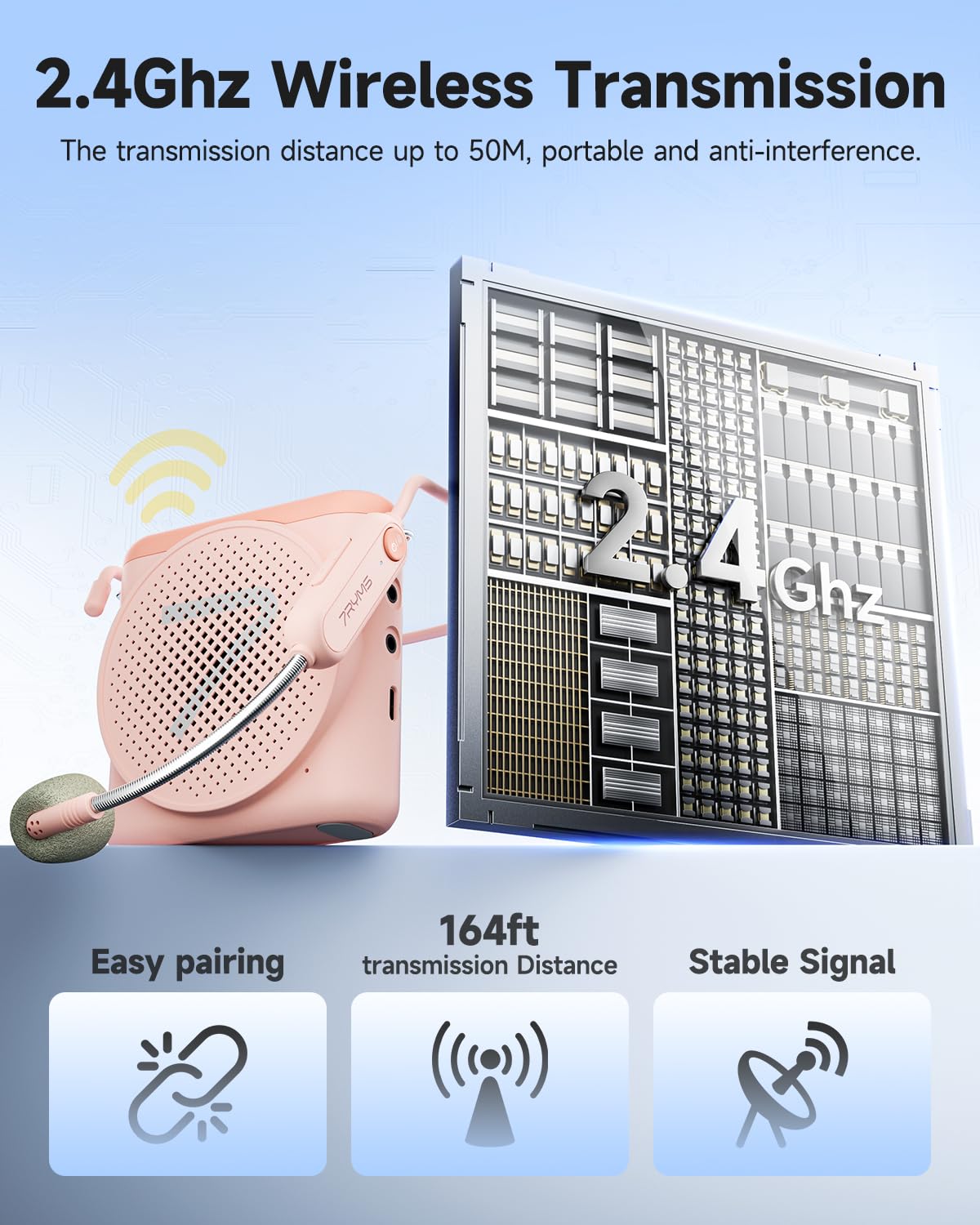 7RYMS WA1 Wireless Voice Amplifier with Headset Microphone for Teachers, Personal Power Amplifier with Noise Canceling, 164ft Range, 23H Working, Microphone Speaker for Teaching, Speech, Yoga(Pink)