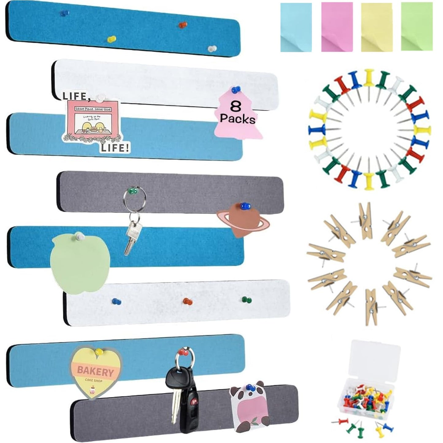 Vuzvuv 8 pcs Bulletin Board Bar Strips with 50 Pushpins & 10 Wooden Clip pins，Self Adhesive Cork Board for Wall，Felt Pin Board for School，Office Decor(Blue White Grey)