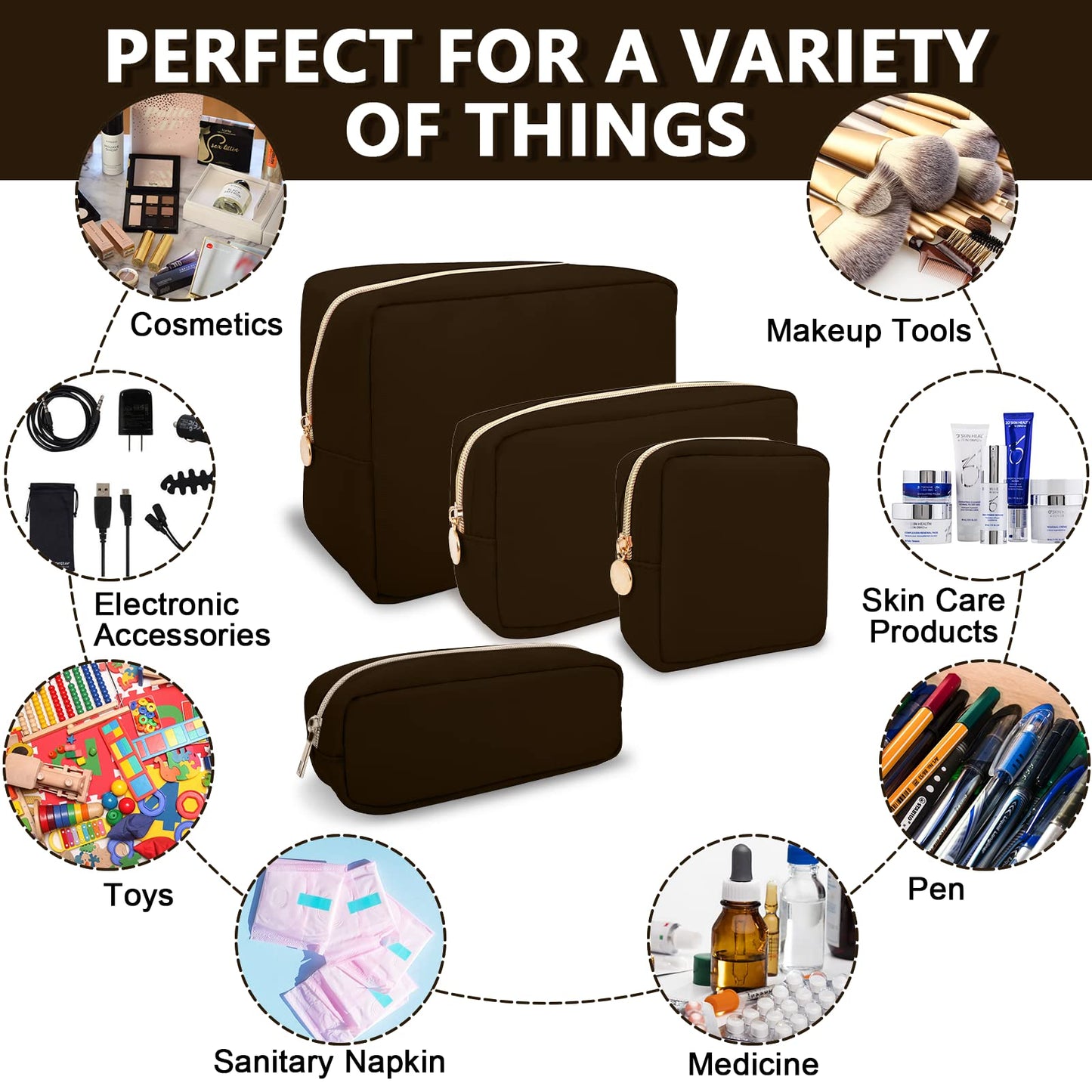 Small Pencil Case Makeup Bag for Purse, Cute Pencil Pouch Preppy Nylon Makeup Brush Bag with Zipper , Girls Portable Stationery Storage Case Small Pen Bag for Office School College(Slim-Chocolate)