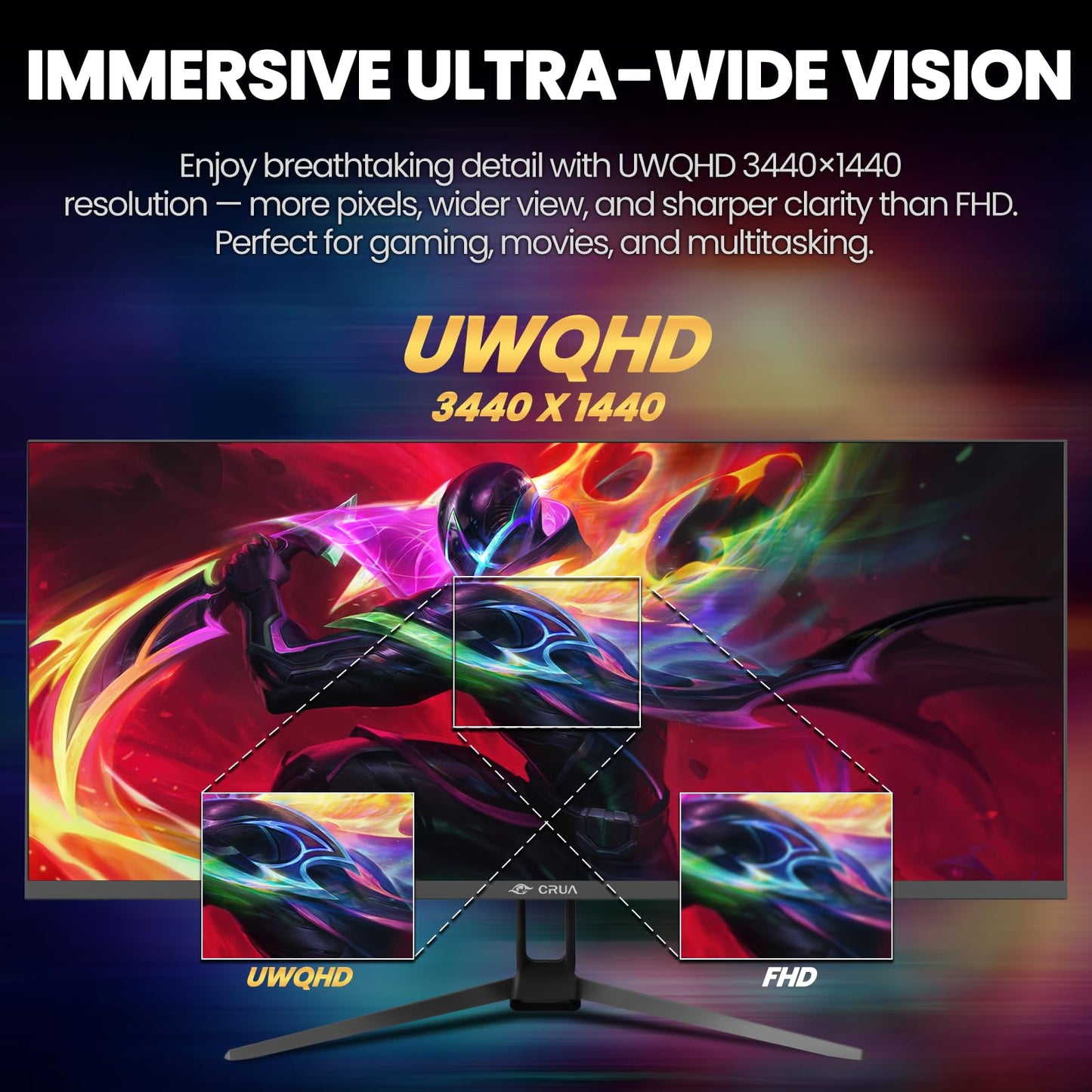 CRUA 34'' Gaming Monitor 165Hz/144Hz, UWQHD 3440x1440P IPS Ultrawide Screen Computer Monitors with Built-in Speakers, Supports FreeSync, 120% sRGB, PIP/PBP, HDMI2.0 & DP1.4, Wall Mount&Tilt Adjustable