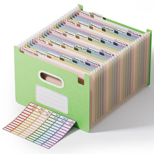 ThinkTex 26-Pocket Accordion File Organizer, Upright Open Top, Monthly Tabs, High Capacity Wheat Straw Expanding File Folder, Fits Letter A4 & Manila Folders for School Home Office -Grass Green