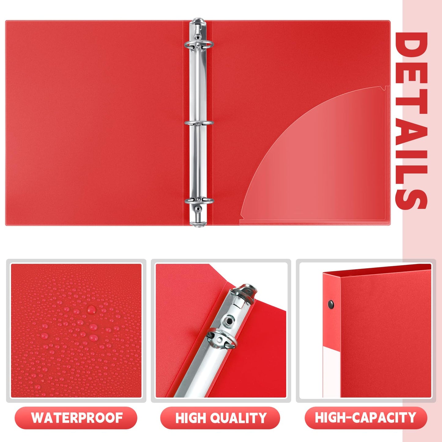 Henoyso 26 Pack 0.5 Inch Plastic 3 Ring Binder Round Ring, Bulk 1/2 Inch Flexible Binders Hold 140 Sheets Letter Size with Pocket, Document Organizer for Back to School Classroom Office (Red)