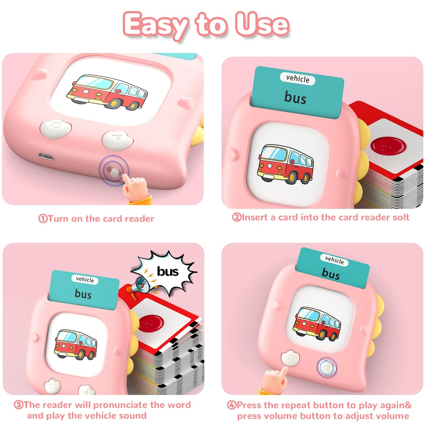 Kidzdo 520 ABCs Sight Word Talking Flash Cards for Toddlers, Easter/Birthday Gifts for 2 3 4 5 6 Year Old Girls, Early Educational Toys, Pocket Speech Learning Toys for Autistic Kids Ages 2-6, Pink
