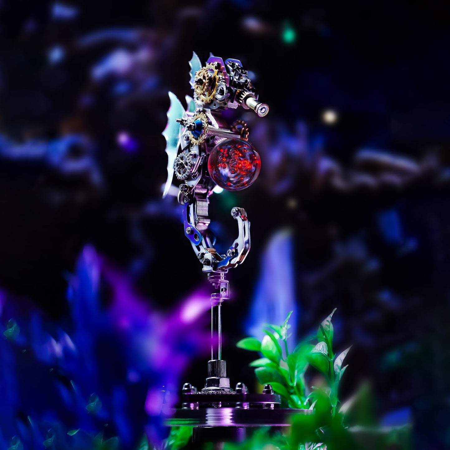 Mostarle Seahorse 3D Metal Puzzle Kit with LED Light & Magnetic Base, Sci Fi Monster, DIY Mechanical Model for Adults & Teens, Electroplated Finish Ocean Décor, Unique Gift for Collectors