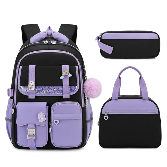 MUSEVOS Girls Backpack, Kids Backpack for Girls, School Bookbag for Teens Age 6-15, Large Capacity Water Resistant Backpack for Elementary to High School, Cute Travel Daypack, Black Purple 3pcs