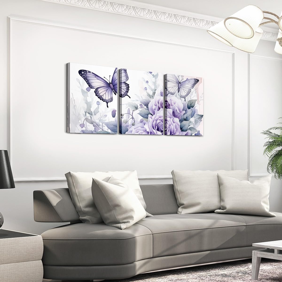 Feelyou Light Purple Rose 3 Piece Canvas Wall Art for Living Room Bedroom Butterfly Wall Art for Home Decor Floral Flower Office Wall Decor Romantic Theme Wall Painting