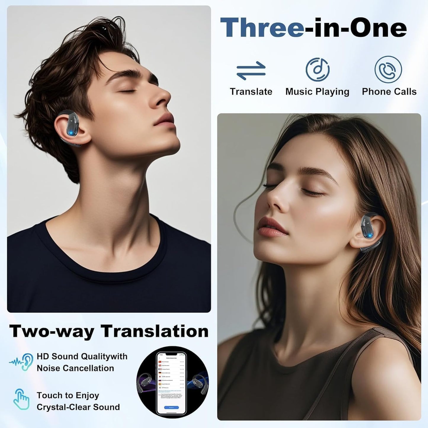 Real-Time AI Translation Earbuds, Open-Ear Audifonos Traductores Inglés Español Two-Way Translator Headphones, Bluetooth Wireless Earhooks for Business, Travel, Learning, Meetings (Grey)