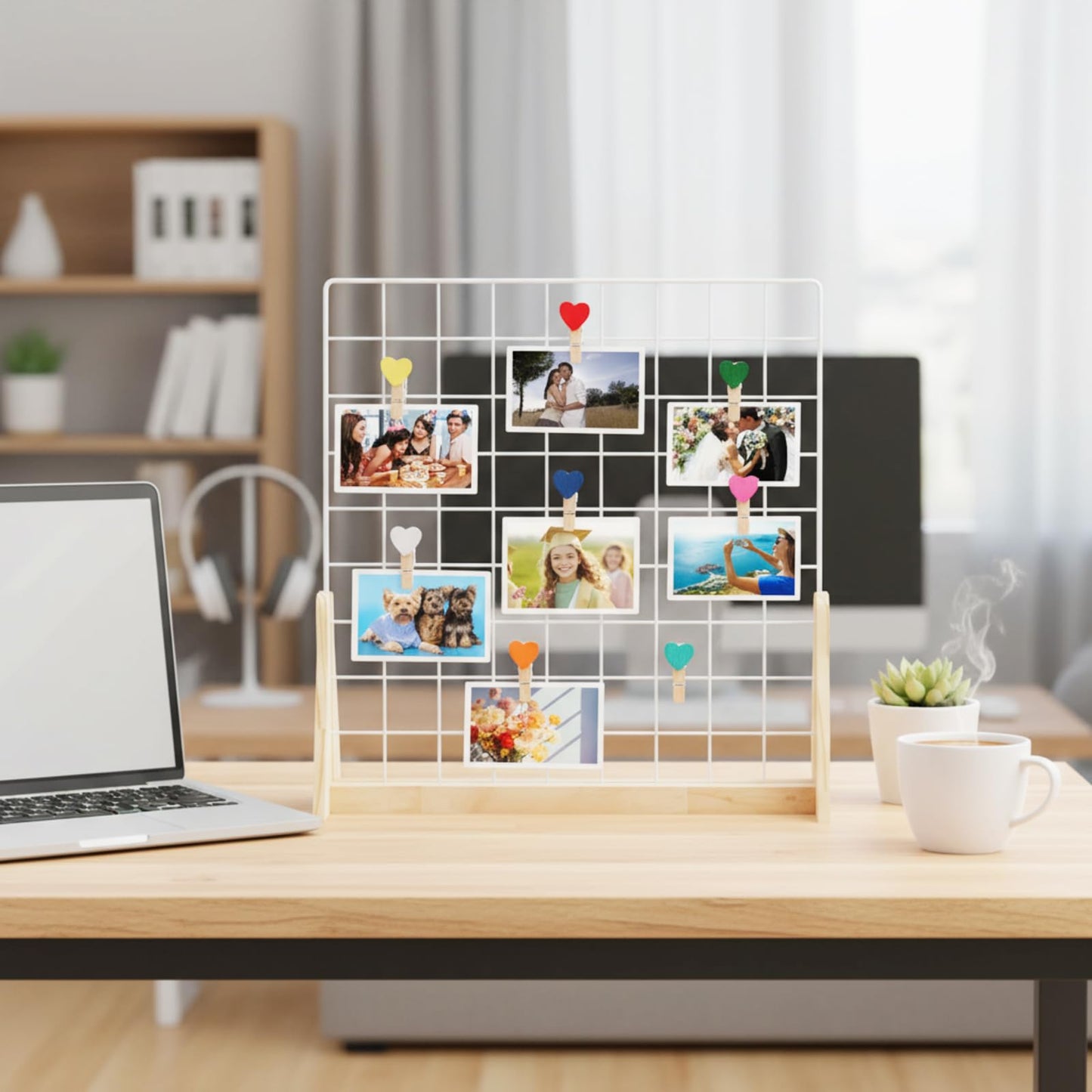 2 Sets Wedding Wall Grid Decorative Panel for Photo Display 19.3x18.5 Inch, Photo Display Panel, Wire Wall Grid, Desk Picture Manager, with 70 Wooden Clips for Shows Crafts Artistic Drawings Photos