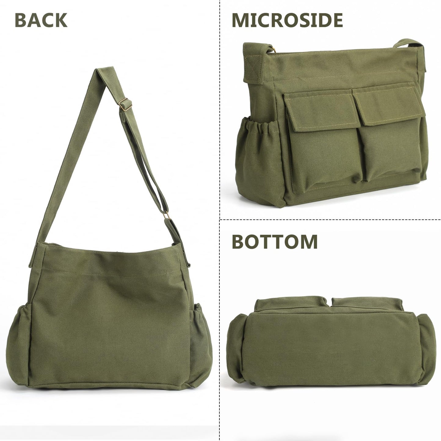VODIU Canvas Messenger Bag Large Hobo Crossbody bags for Women,Men, Shoulder Tote Handbags with Laptop pocket Green