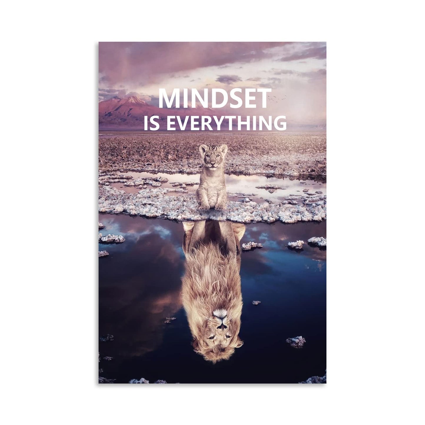 Motivational Canvas Painting Animal Poster Little Lion and Big Lion Mindset is Everything Wall Art Printing Office Decoration Frame[12''W X 18''H]