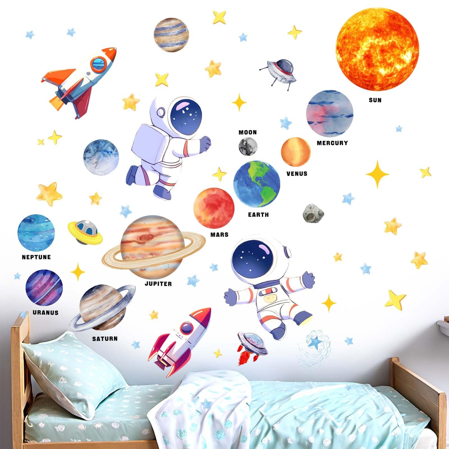 Outer Space Wall Stickers for Kids: Peel and Stick Astronaut Planets Rocket Wall Decals - Wall Art Decor Kids Supplies Ages 1 2 3 4 5 6 7 8 9 10 11 12 Year