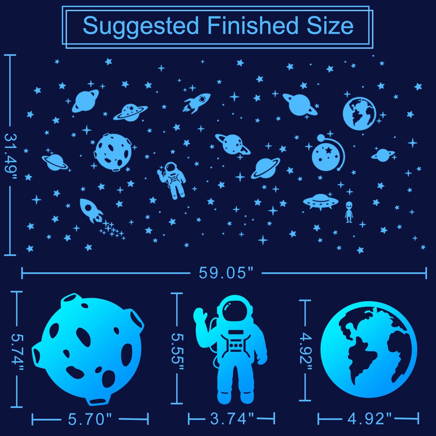 Glow in The Dark Stars for Ceiling, Solar System Wall Stickers for Kids, Planet Wall Decals, Glowing Stars, Space Decor for Boys Room, Galaxy Astronaut Rocket Spacecraft Alien Decoration (Blue)