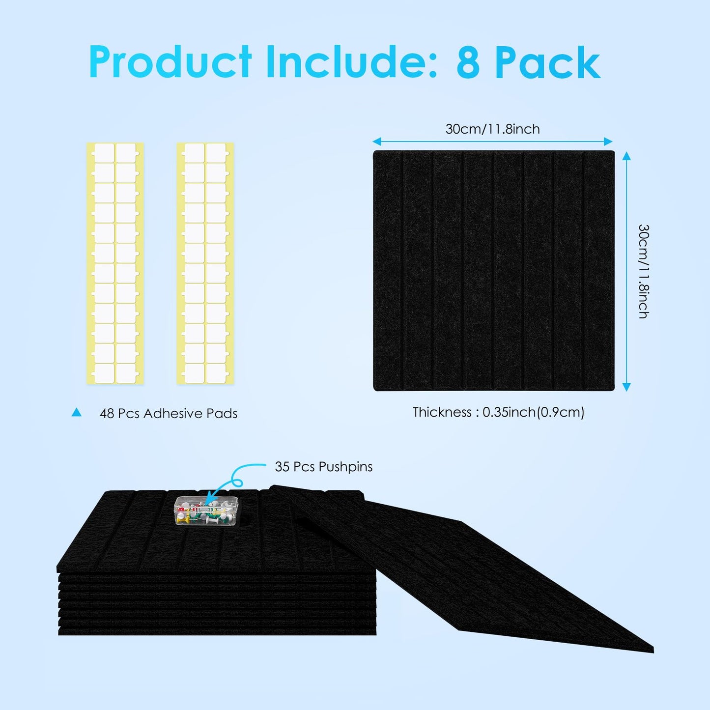 Bulletin Board 47" X 24" Cork Boards for Wall Alternative 8 Pack Black Fine-Stripe Felt Bulletin Board 48 Safe Adhesive 35 Push Pins for Office School Home Room Decor