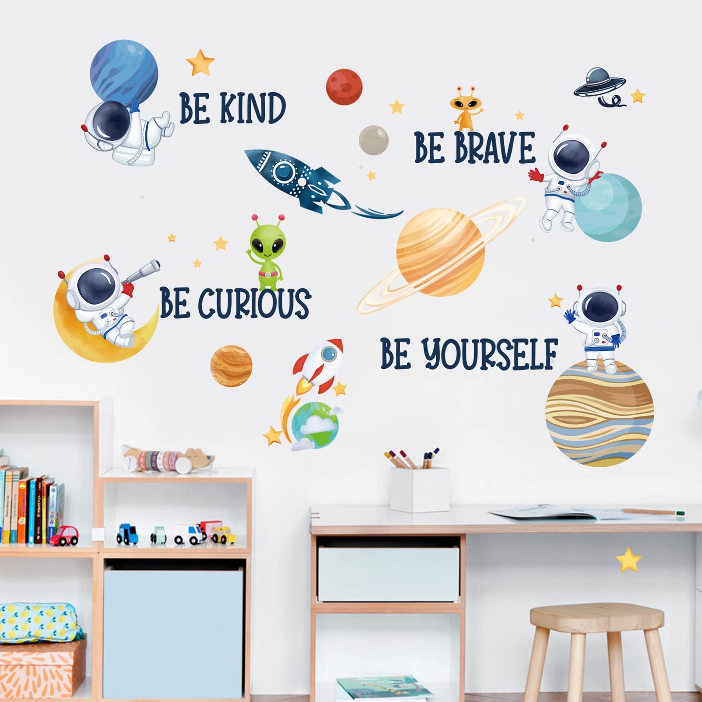 wondever Planets Outer Space Wall Stickers Be Kind Be Brave Inspirational Quote Astronaut Peel and Stick Wall Art Decals for Baby Nursery Kids Bedroom Playroom